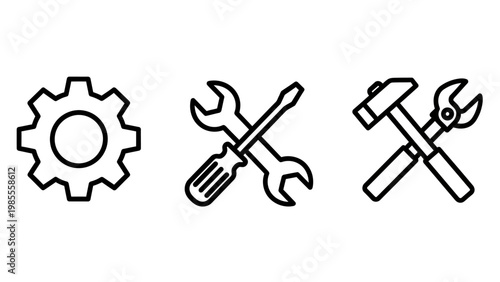 Workshop tool icons for repair and industrial maintenance featuring gear wrench and hammer maintenance construction industry screwdriver hardware engineering workshop equipment professional