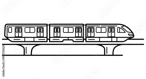 Modern elevated train illustration on a bridge with simplistic line art; urban transportation solution in black and white