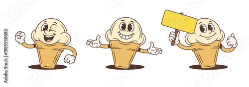 Collection of three retro cartoon ice cream mascots in different poses. A winking character, a welcoming one, and a mascot holding a blank sign. A useful food character vector illustration set