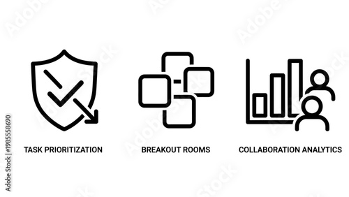 Business icons set for task prioritization with shield symbol breakout rooms with overlapping squares collaboration analytics with bar chart and people profiles prioritization breakout