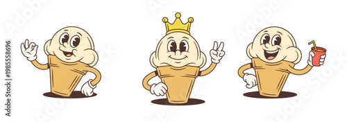 Set of three retro cartoon ice cream characters. Includes a winking mascot with ok sign, a king with a peace sign, and a happy character with a drink. A versatile food mascot vector illustration pack