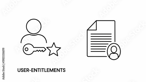 Security and access icons illustrating user entitlements with a person profile key for permissions star for privileges a document for profile details entitlement permission security document