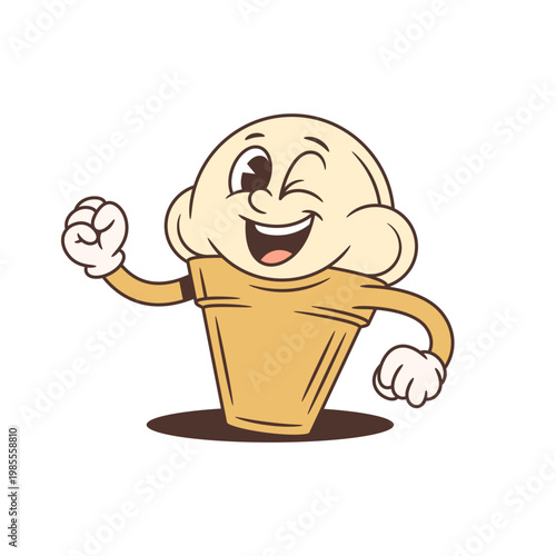 An energetic retro cartoon ice cream mascot winking and cheering. A fun and playful sweet food character vector illustration, ideal for summer events or joyful branding concepts