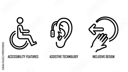 Disability accessibility icons set including wheelchair access assistive hearing technology and inclusive design symbols for universal web navigation with accessibility disability inclusion