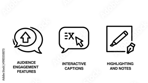 Content interaction and audience engagement icons for interactive captions highlighting tools and user feedback features for digital learning with e learning engagement audience interactive