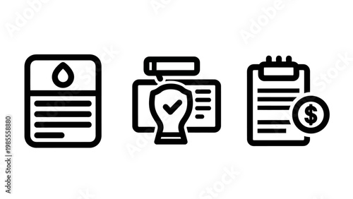 Business icons collection featuring fuel document security verification on monitor screen and financial billing invoice clipboard with dollar symbol business security document protection currency