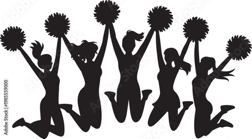 Silhouettes of cheerleaders (jumping girls with pompoms), isolated. Vector illustration