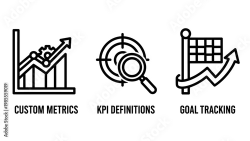 Business analytics icons representing custom metrics kpi definitions and goal tracking for performance monitoring data strategy and progress measurement with business analytics definition tracking