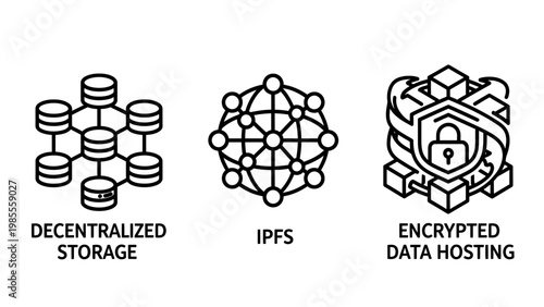 Technology icons for decentralized storage ipfs and encrypted data hosting showing secure blockchain network and cloud infrastructure protection with technology decentralized encrypted blockchain
