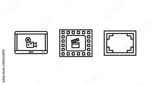 Media production icons set featuring recording disabled film strip clapperboard and camera framing view symbols for editing and cinematography production clapperboard recording broadcast creative