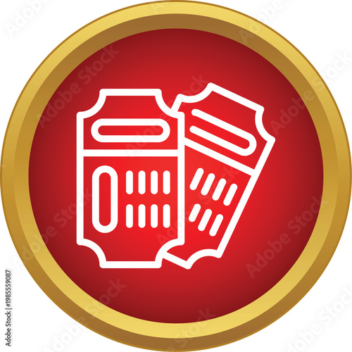 Two admission tickets represented in a modern line art style within a red circle button