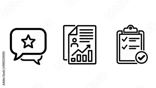 Professional development and feedback icon set with star rating speech bubbles career growth document and completed checklist clipboard speech bubble human resources feedback communication