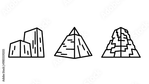 Outline icons depicting various architectural structures modern buildings and ancient pyramids representing construction historical landmarks urban development on a white background with line art