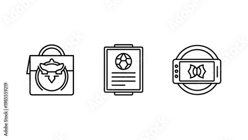 Line art icons representing various aspects of a soccer event an emblem match schedule ticket isolated on a white background with football schedule illustration tournament championship management