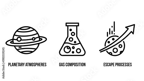 Space science and astrophysics icon set for planetary atmospheres gas composition chemistry and atmospheric escape processes education with atmosphere composition chemistry astronomy universe
