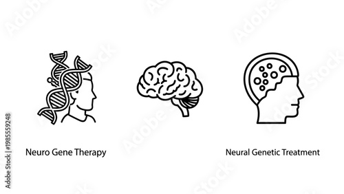 Outline icons illustrating medical and neuroscience concepts: gene therapy with DNA strands human brain anatomy neural genetic treatment isolated on a white background for healthcare themes, line art