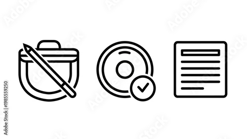 Creative software and documentation outline icon set including design tools media disk verification and digital file document for work productivity with creative software document checkmark