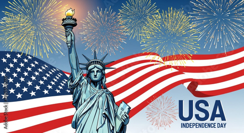 Statue of Liberty with American flag and fireworks celebrating Independence Day in USA patriotic holiday concept