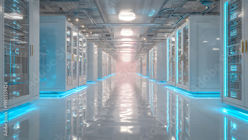 A very clean and bright data center environment featuring white and light gray server racks with soft blue LED lighting, a modern minimalist design, and a high-tech corporate aesthetic.