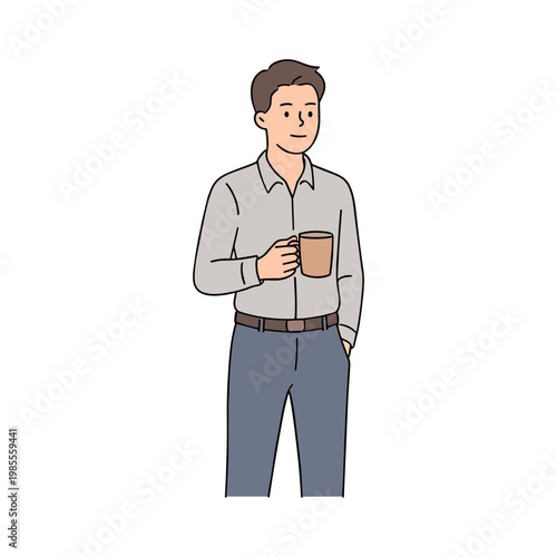 A cheerful man smiles while looking back over his shoulder in an illustration.