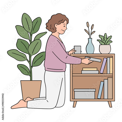 A cheerful man smiles while looking back over his shoulder in an illustration.