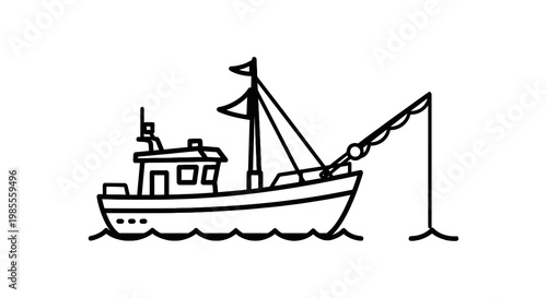 Outline drawing of a black and white fishing boat on wavy water with a fishing crane and sails; cartoon line art illustration