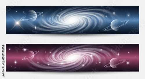 Cosmic galaxy banners with planets and stars swirling nebula in deep space perfect for science fiction or astronomy themes
