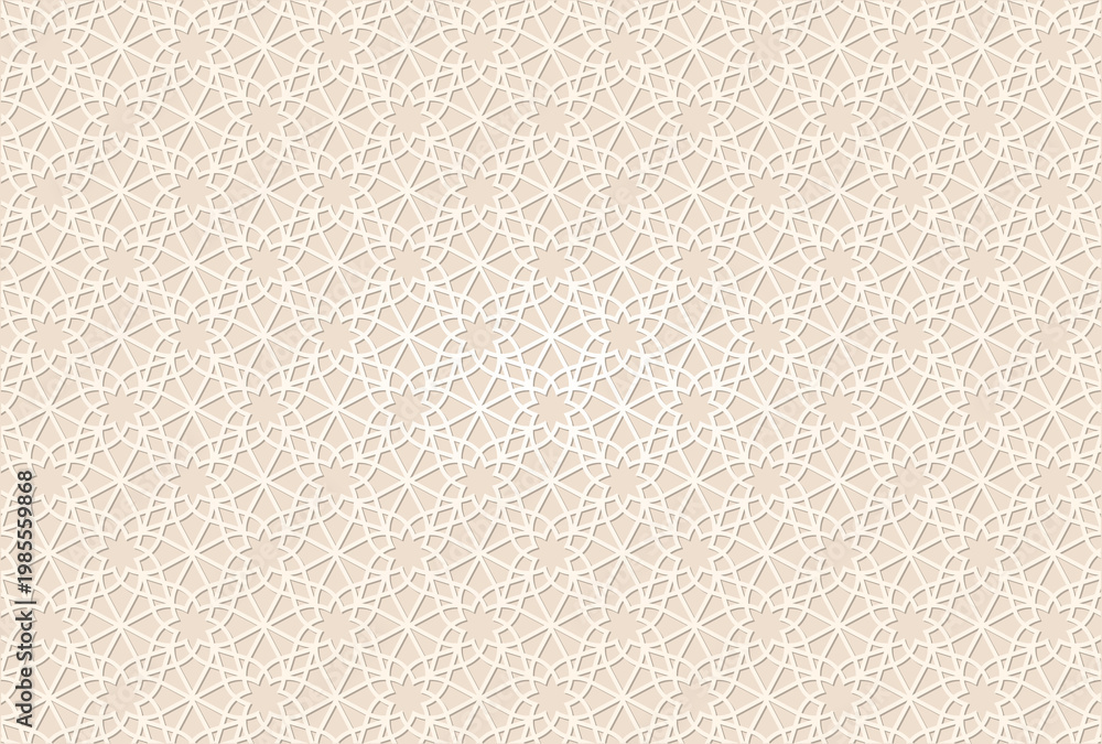 Fototapeta premium Beige Arabic geometric pattern background featuring a seamless traditional Islamic star motif and interlocking line lattice design for Ramadan or Eid greeting card decoration.