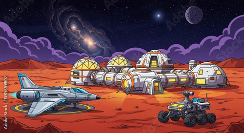 Futuristic Mars colony with spacecraft and rover science fiction settlement on red planet space exploration concept illustration