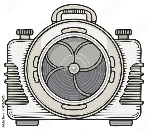 Illustrated vintage camera design with detailed lens and handle, vector illustration
