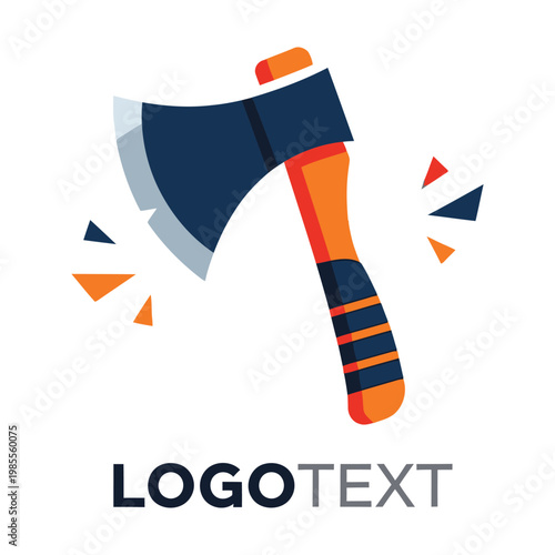 Flat design illustration of axe with geometric shapes and logo text on white background icon
