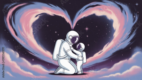 Astronaut and child in space with heart shaped nebula background symbolizing love and exploration