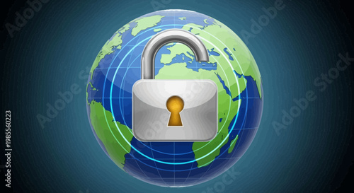 Global internet security concept with open padlock over earth globe displaying digital data flow on blue textured backdrop