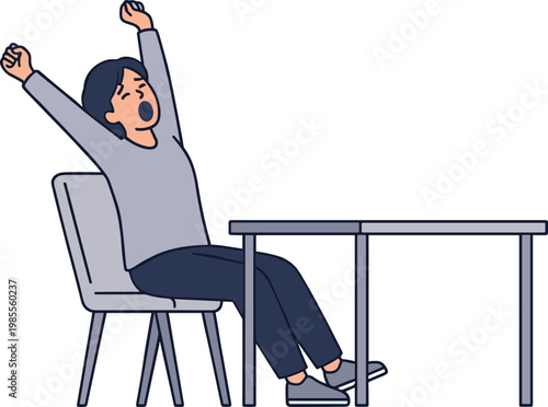 A man sitting on a chair with raised arms celebrates beside a table.