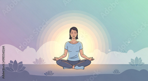 Woman meditating in lotus pose with serene sunrise background representing peace wellness and mindfulness for yoga and relaxation concepts