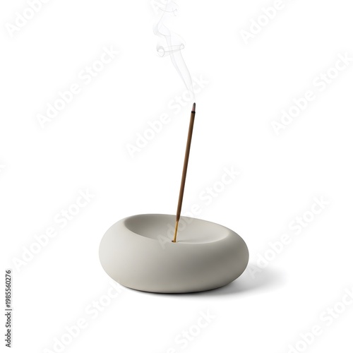 Smooth Grey Incense Holder with Burning Incense Stick and Smoke (263