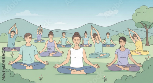 Diverse group of people practicing yoga outdoors in a park meditating in lotus pose with serene expressions promoting wellness and mindfulness