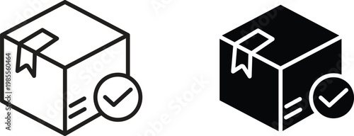 Cardboard box delivery icons with check mark, shipping package verification symbols, logistics and order fulfillment vector set