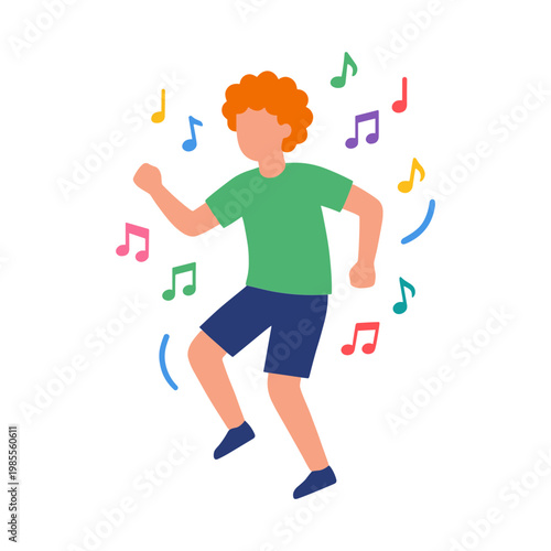 A joyful boy dances energetically with colorful musical notes around him.