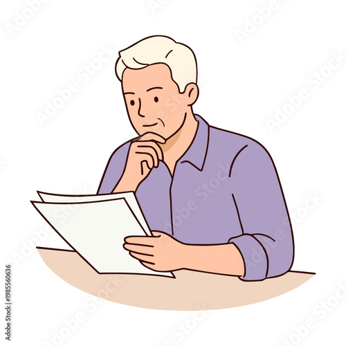 An older man sits at a desk looking concerned while reading documents.