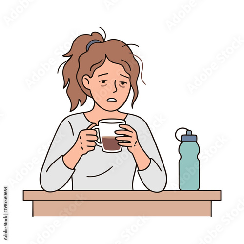 A woman sits at a table holding a cup of coffee with a water bottle nearby looking unwell