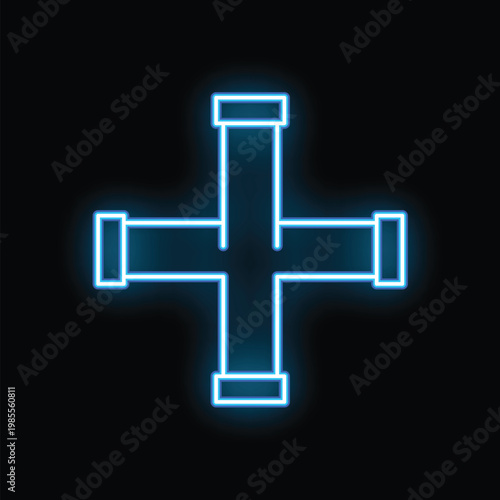 Blue neon sign of four pipes connecting on a black background, concept of plumbing or industrial pipelines
