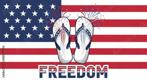 Pair of patriotic flip flops with fireworks and FREEDOM text against a USA flag background symbolizing American independence and summer celebration