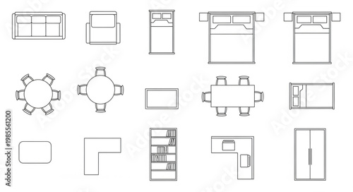 Collection of simple architectural floor plan symbols for furniture and rooms.