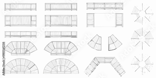 Architectural drawings of various window and partition designs