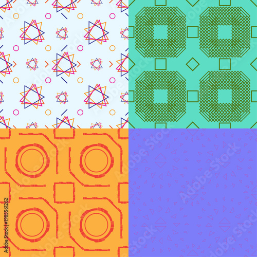 Set of four abstract seamless patterns with geometric lines, stars, squares, and circuits.