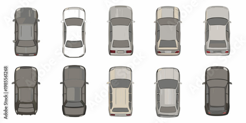 Overhead view of ten various modern cars in a grid pattern
