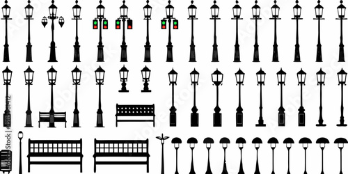 Collection of black street lamps benches and traffic lights on white