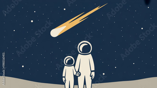 Astronauts watching a meteor shower in space with a stunning starry night background and a comet streaking across the sky