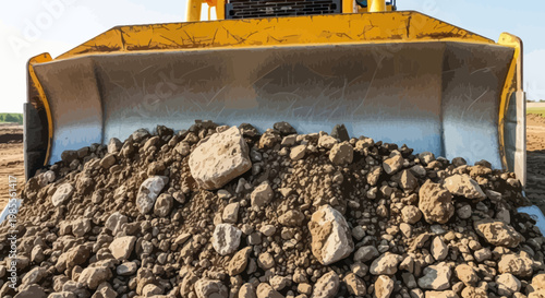 Close-up of a yellow bulldozer scoop filled with dirt and rocks at a construction site in a cartoon style illustration